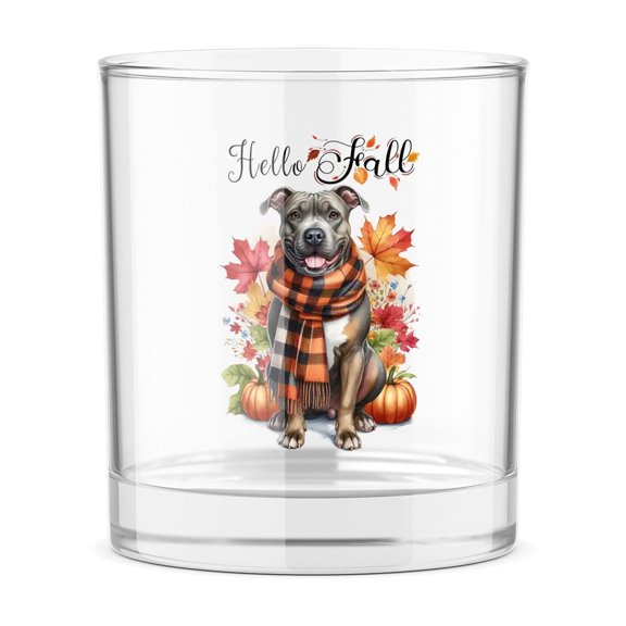 Hello Fall Pitbull Scarf Welcome Autumn with Leaves Pumpkins 11oz Whiskey Glass Mug Terrier Dog Lover Whiskey Cocktail Glasses Cup - 00011