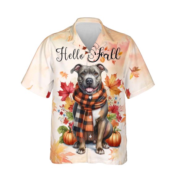Hello Fall Pitbull Scarf Welcome Autumn with Leaves Pumpkins Hawaiian Shirt Breathable Summer Unisex Merch Terrier Dog Lover - 00011