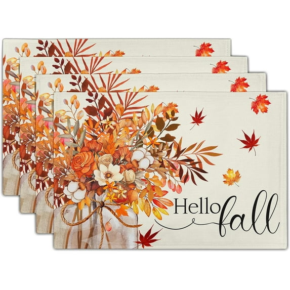 Hello Fall Placemat Set of 4, 12x18 Inch Farmhouse Orange Autumn Maple Leaves Floral Linen Washable Heat Resistant Table Mats for Dinner Party Picnic Seasonal Decoration