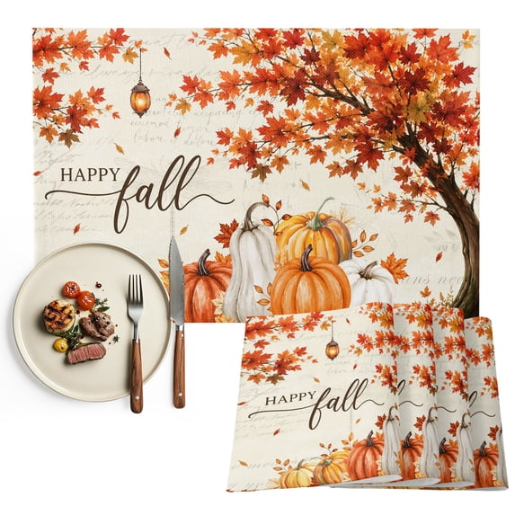 Hello Fall Placemats Set of 6, Thanksgiving Pumpkin Tree Maple Leaf Autumn Washable Wipeable Table Mats for Dining Tables, Indoor Outdoor Kitchen Place Mats for Holiday Party Table Decor