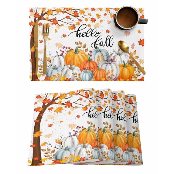Hello Fall Placemats Set of 8 Thanksgiving Orange White Pumpkin Leaf Autumn Heat Insulation Washable Place Mats, Rustic Non-Slip Table Mats for Dining Table Party Kitchen Decor,13x19 Inch