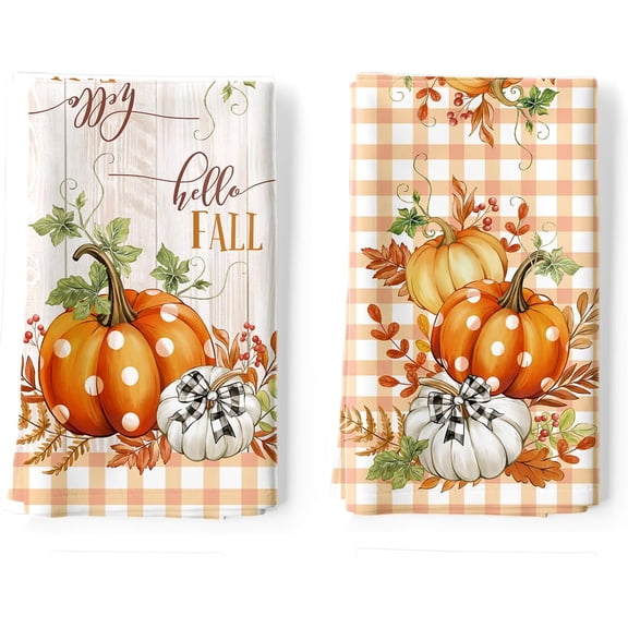 Hello Fall Polka Dot Pumpkin Kitchen Towels Set of 2, 18x26 Inch Buffalo Plaid Maple Leaf Autumn Thanksgiving Holiday Dish Towels, Decorative Hand Towels for Kitchen