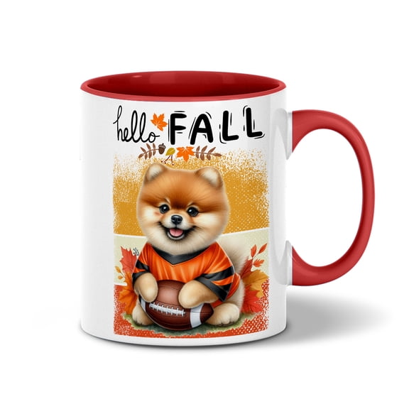 Hello Fall Pomeranian Football Welcome Autumn with Leaves Pumpkins 11oz Accent Two-tone Mug Pom Dog Lover Gifts Coffee Tea Cup - 00012