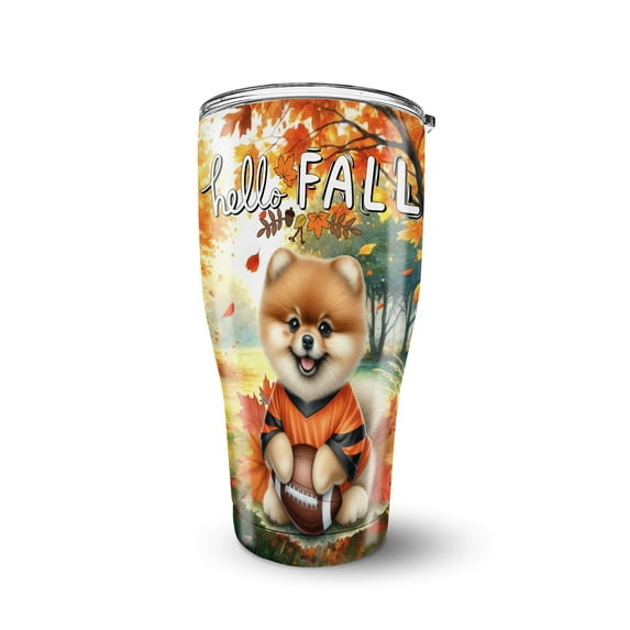 Hello Fall Pomeranian Football Welcome Autumn with Leaves Pumpkins 30oz Stainless Steel Tumbler Insulated Cup with Lid Pom Dog Lover Gifts - 00012