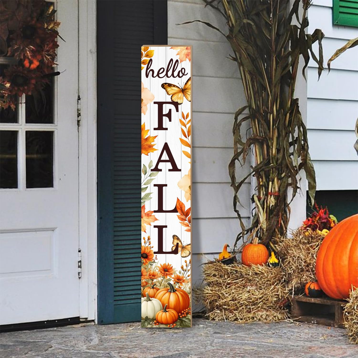 Hello Fall Porch Sign Autumn Pumpkin Maple Leaf Welcome Sign Vertical ...