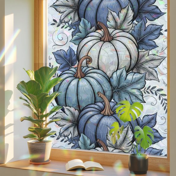 Hello Fall Privacy Window Film, Decorative Stained Glass Window Film, Blue Teal Pumpkins Thanksgiving Botanical Resuable Rainbow Static Cling for Home Bathroom Living Room Glass Door 19.6"x39.3"