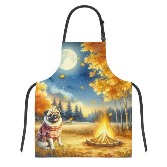 Hello Fall Pug Enjoys Warm Campfire Autumn Night Bright Moon Apron Dog Lover Gifts for Cooking Grilling Baking Painting Gardening - 01008