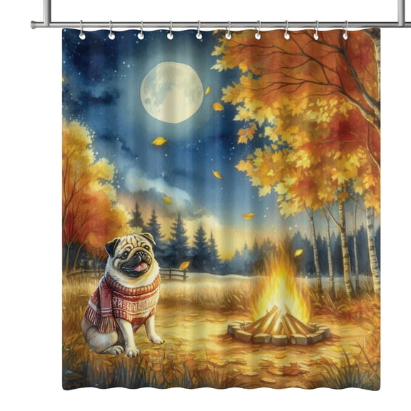 Hello Fall Pug Enjoys Warm Campfire Autumn Night Bright Moon Shower Curtain Dog Lover Gifts Waterproof Bathroom Bathtub Curtain - 01008