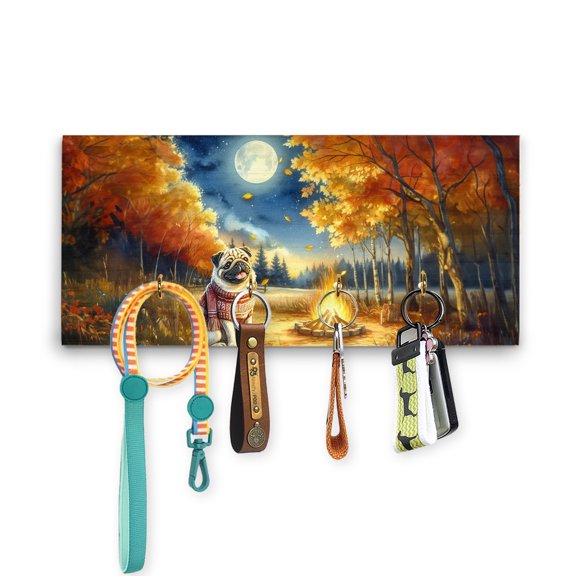 Hello Fall Pug Enjoys Warm Campfire Autumn Night Bright Moon Wood Key Holder Dog Lover Gifts Wall-mounted Key Rack Home Decor - 01008