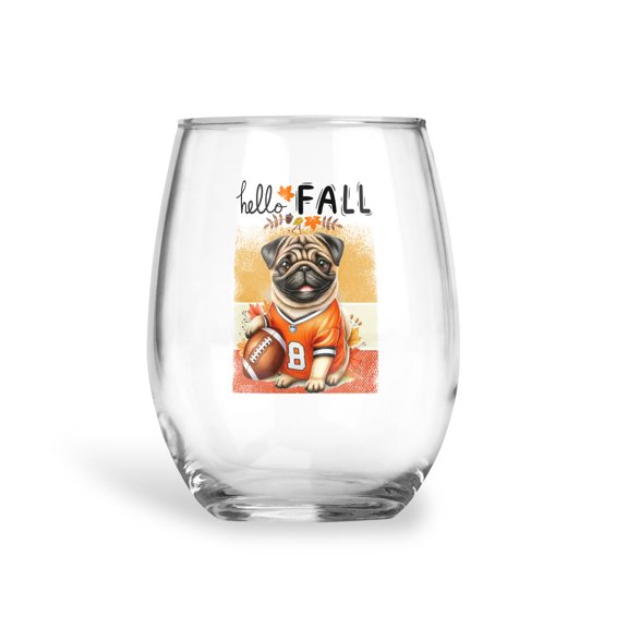Hello Fall Pug Football Welcome Autumn with Leaves Pumpkins 15oz Stemless Wine Glass Mug Dog Lover Gifts Wine Glasses Cup - 00012