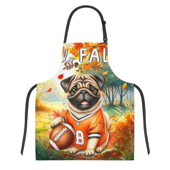 Hello Fall Pug Football Welcome Autumn with Leaves Pumpkins Apron Dog Lover Gifts for Cooking Grilling Baking Painting Gardening - 00012