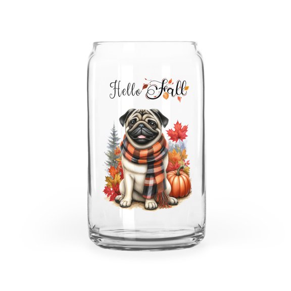 Hello Fall Pug Scarf Welcome Autumn with Leaves Pumpkins 16oz Glass Cup Mug Dog Lover Gifts Glass Can - 00011