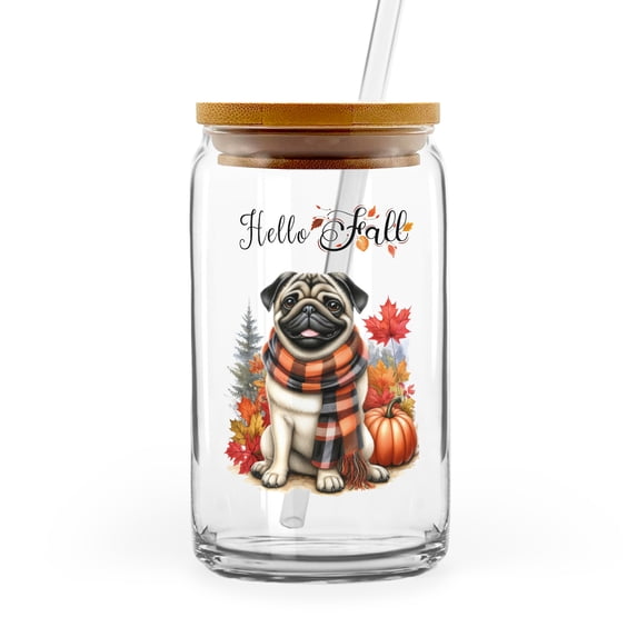 Hello Fall Pug Scarf Welcome Autumn with Leaves Pumpkins 16oz Glass Cup Mug Dog Lover Gifts Glass Can with Bamboo Lid and Straw - 00011