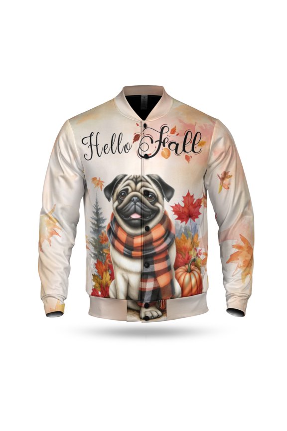 Hello Fall Pug Scarf Welcome Autumn with Leaves Pumpkins All Over Print 3D Baseball Jacket Dog Lover Gifts Bomber Jacket Softball - 00011