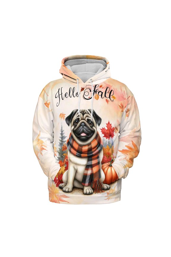 Hello Fall Pug Scarf Welcome Autumn with Leaves Pumpkins All Over Print 3D Hoodie Unisex Merch Hoodies Dog Lover Gifts - 00011