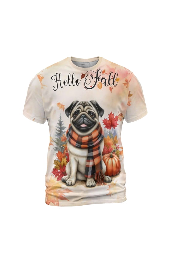 Hello Fall Pug Scarf Welcome Autumn with Leaves Pumpkins All Over Print 3D Shirt Unisex Merch Dog Lover Gifts - 00011