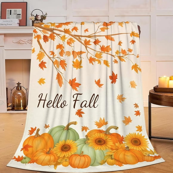 Hello Fall Pumkin Blanket Farmhouse Autumn Harvest Throw Blanket Maple Leaf Soft Cozy Fleece Fuzzy Stuff Plush Flannel Gifts for Girls Women Boys Kids Adults 40''''x50''''