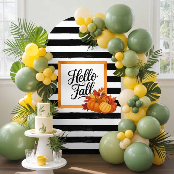 Hello Fall Pumpkin Arch Backdrop Cover, 4FT, Maple Leaf Black White Stripes Thanksgiving Spandex Arch Covers Double-Sided Backdrop for Wedding Birthday Party Photo Background Decoration