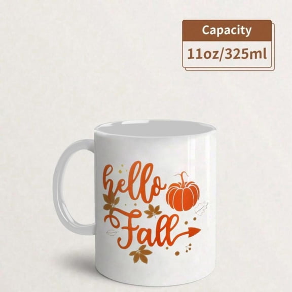 Hello Fall Pumpkin Ceramic Mug Festive Autumn Themed Design with Pumpkins Leaves Durable Reusable Coffee Cup Hot or Cold Drinks Ideal Holiday or Birthday Hand Wash Only Coffee Bar Accessory