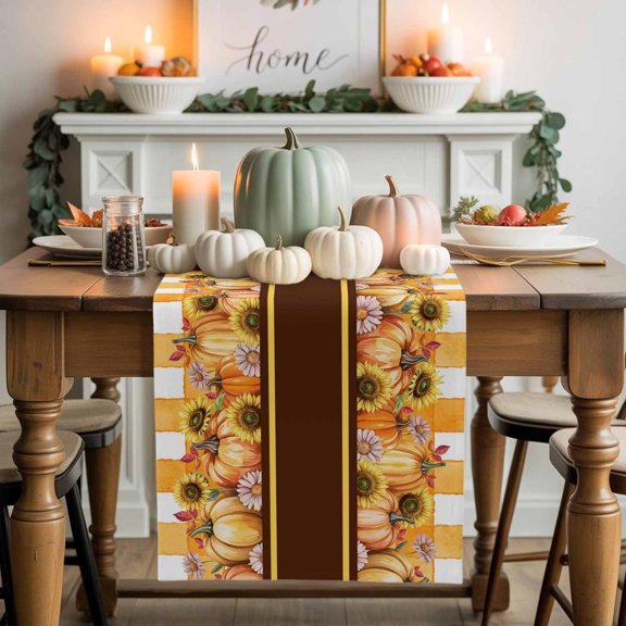 Hello Fall Pumpkin Cotton Linen Table Runner, Washable Table Runners for Kitchen, Dining Room, Holiday, Home Party Table Decor, 13x36 Inches
