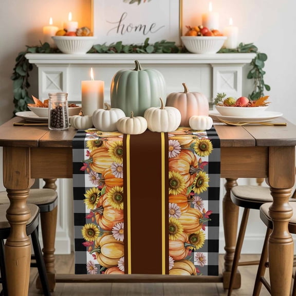 Hello Fall Pumpkin Cotton Linen Table Runner, Washable Table Runners for Kitchen, Dining Room, Holiday, Home Party Table Decor, 13x36 Inches