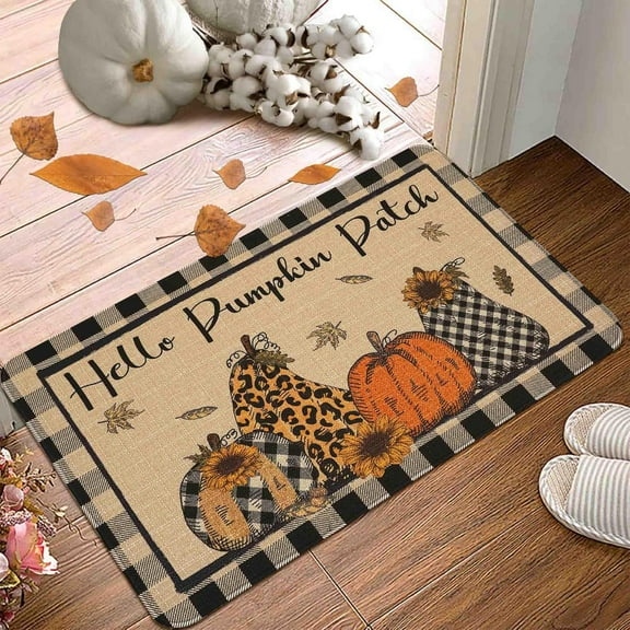 Hello Fall Pumpkin Decorative Door Mat, Autumn Thanksgiving Pumpkin Farmhouse Outdoor Indoor Patio Entrance Door Mats Low Profile Non Slip Floor Mat Rugs for Home Decor 30x17Inch