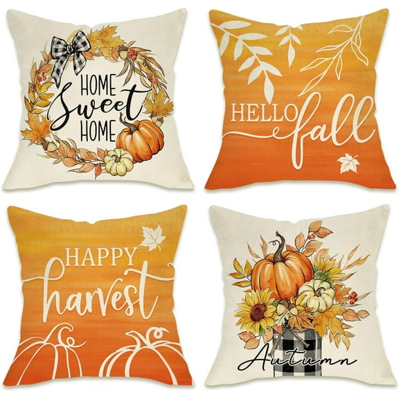 Hello Fall Pumpkin Decorative Throw Pillow Covers 16x16 Set of 4, Autumn Harvest Maple Leaves Sunflower Porch Patio Outdoor Pillowcase, Farmhouse Thanksgiving Orange Cushion Case Home Decor