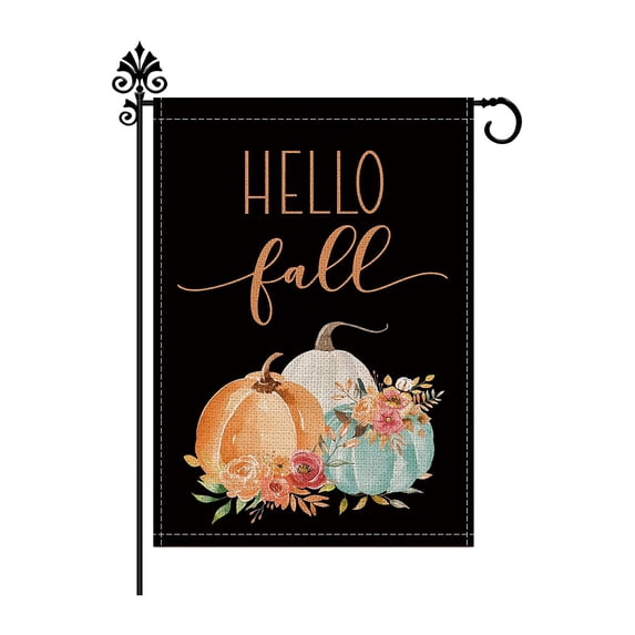 Hello Fall Pumpkin Leaf Garden Flag 12X18 Inch, Double Sided Autumn Thanksgiving Holiday Burlap Yard Flag for Outdoor Decoration Black