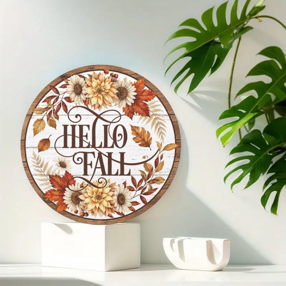 Hello Fall Pumpkin Leaf Round Metal Tin Sign For Front Door Or Wreath Centerpiece 8x8 Inch Round