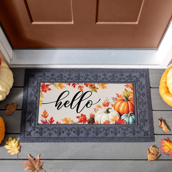Sassafras Hello Fall Pumpkin Front Door Mat Indoor Outdoor 22"x10"