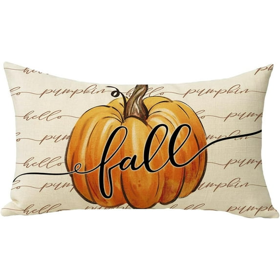 Hello Fall Pumpkin Lumbar Decorative Throw Pillow Cover, Rectangular Autumn Seasonal Porch Outdoor Home Decor, Thanksgiving Farmhouse Rustic Sofa Couch Cushion Case