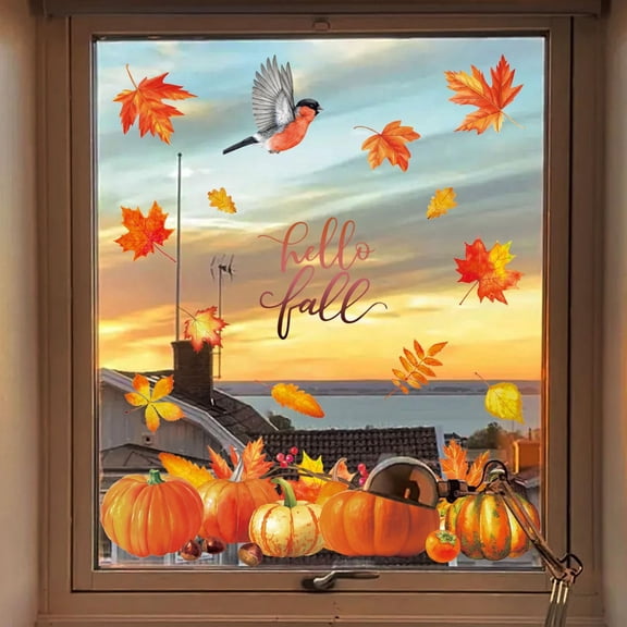Hello Fall Pumpkin Maple Leaf Thanksgiving Window Clings