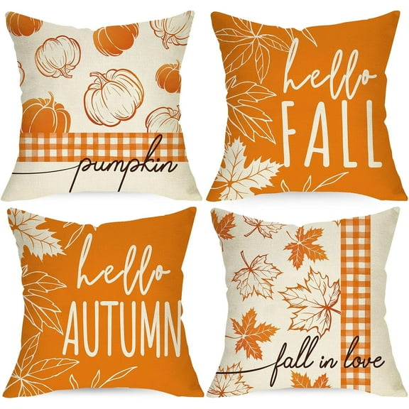 Hello Fall Pumpkin Maple Leaves Decorative Throw Pillow Covers 20 x 20 Set of 4, Autumn Harvest Orange Buffalo Plaid Check Cushion Case Decor, Thanksgiving Farmhouse Home Sofa Couch Decoration