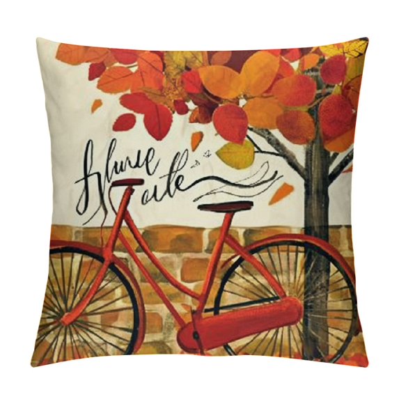 Hello Fall Pumpkin Patch Decorative Throw Pillow Covers , Happy Autumn Bicycle Maple Leaves Porch Outdoor Home Decor, Farm Fresh Orange Thanksgiving Farmhouse Couch Cushion Case