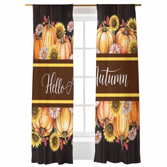 Hello Fall Pumpkin Sheer Curtains 84 inches Long, Sunflower Daisy Thanksgiving Brown Wood Light Filtering Sheer Window Curtains Rod Pocket Voile Drapes for Bedroom Living Room, 52"W x 84"L 2 Panels