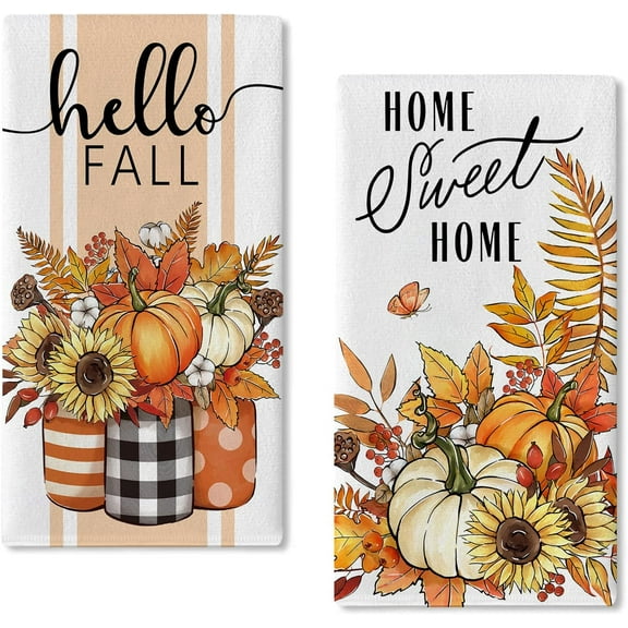 Hello Fall Pumpkin Sunflower Kitchen Dish Towels Set of 2, Autumn Harvest Floral Flower Jar Hand Towels Drying Baking Cooking Cloth, Thanksgiving Farmhouse Sweet Home Kitchen Decor 18x26 Inch