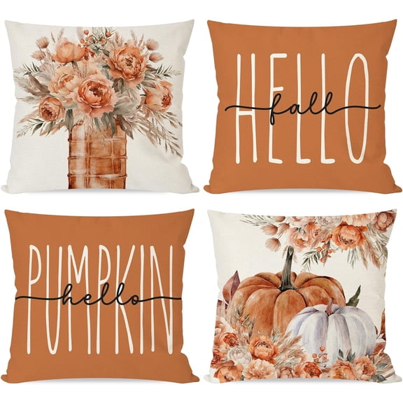 Hello Fall Pumpkin Throw Pillow Covers 18x18 Mason Jar Floral Pampas Boho Orange Outdoor Farmhouse Autumn Cottage Decorations Decorative Throw Pillows Cases Set of 4 for Home Couch Decor