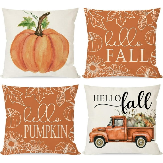 Hello Fall Pumpkin Throw Pillow Covers 18x18 Truck Maple Leaves Orange Outdoor Farmhouse Country Cottage Autumn Decorations Decorative Throw Pillows Cases Set of 4 for Home Couch Porch Decor