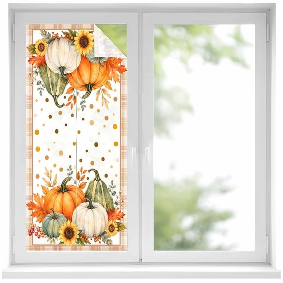 Hello Fall Pumpkin Window Privacy Film, Rustic Red Maple Leaf Sunflower Berry Dots Plaid Frosted Glass Window Clings Static Cling UV Heat Blocking Reusable Door Sticker for Bathroom 17.7 x 39.3 Inch