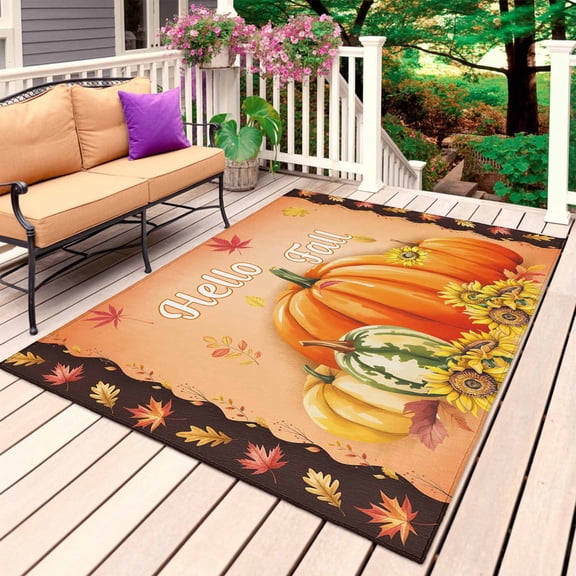 Hello Fall Pumpkins Outdoor Rug for Patio/Deck/Porch, Non-Slip Large Area Rug 5 x 8 Ft, Thanksgiving Harvest Sunflower Maple Indoor Outdoor Rugs Washable Area Rugs, Camping Rug Carpet Runner