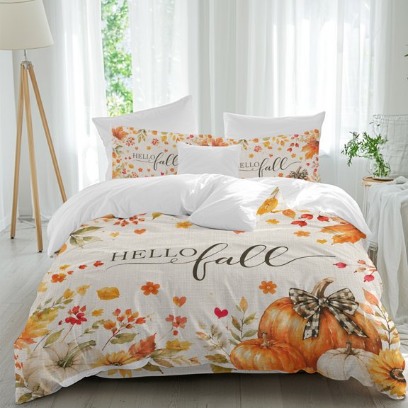 Hello Fall Queen Duvet Cover Set, Autumn Plants Maple Leaf Orange Pumpkin Retro Linen 4 Piece Soft Cozy Comforter Cover Bedding Set with Zipper, 1 Duvet Cover, 1 Flat Sheet, 2 Pillowcase