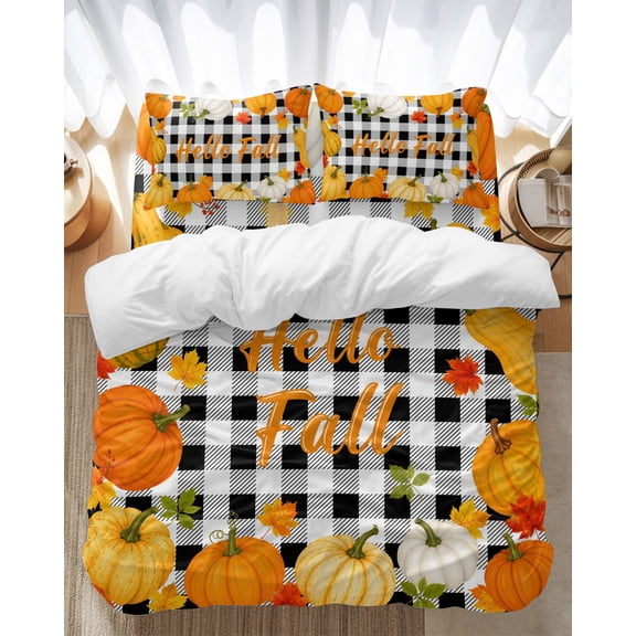 Hello Fall Queen Duvet Cover Set, Thanksgiving Pumpkins Maple Leaf Black White Checkered 4 Piece Soft Cozy Comforter Cover Bedding Set with Zipper, 1 Duvet Cover, 1 Flat Sheet, 2 Pillowcase