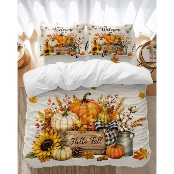 Hello Fall Queen Duvet Cover Set, Welcome Thanksgiving Country Pumpkin Sunflower Maple Leaf 4 Piece Soft Cozy Comforter Cover Bedding Set with Zipper, 1 Duvet Cover, 1 Flat Sheet, 2 Pillowcase