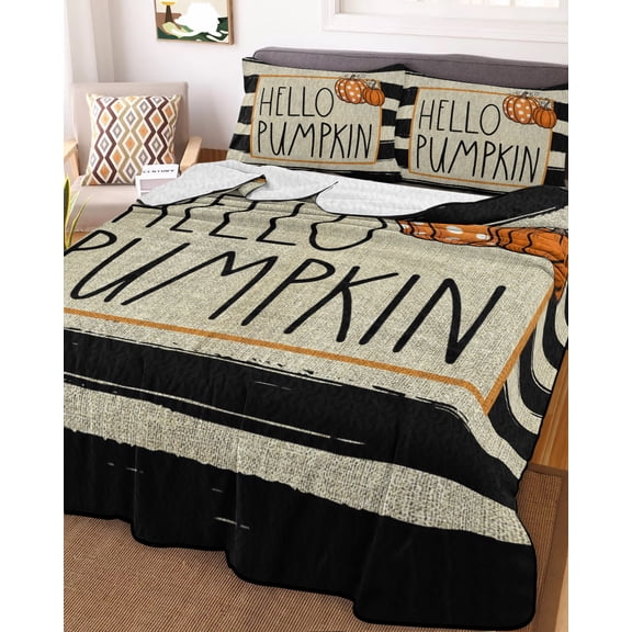 Hello Fall Queen Size Down Alternative Comforter, Lightweight Comforter Quilt Bedding Set with Pillow Shams Thanksgiving Orange Pumpkin Black Stripe All Seasons Bed Comforter Duvet Insert 90"x96"