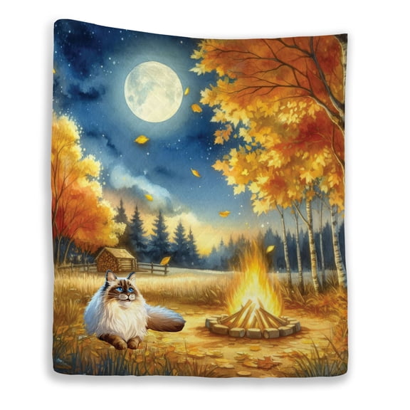 Hello Fall Ragdoll Enjoys Warm Campfire Autumn Night Bright Moon Quilt Blanket Cat Lover Kitten Owner Gifts Idea Cozy Comforter Throw Blanket - 01008
