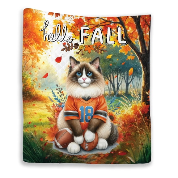 Hello Fall Ragdoll Football Welcome Autumn with Leaves Pumpkins Quilt Blanket Cat Lover Kitten Owner Gifts Idea Cozy Comforter Throw Blanket - 00012