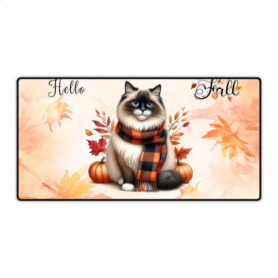 Hello Fall Ragdoll Scarf Welcome Autumn with Leaves Pumpkins Desk Mat Full Keyboard Mouse Pad Cat Lover Kitten Owner Gifts Idea Large Mousepad - 00011