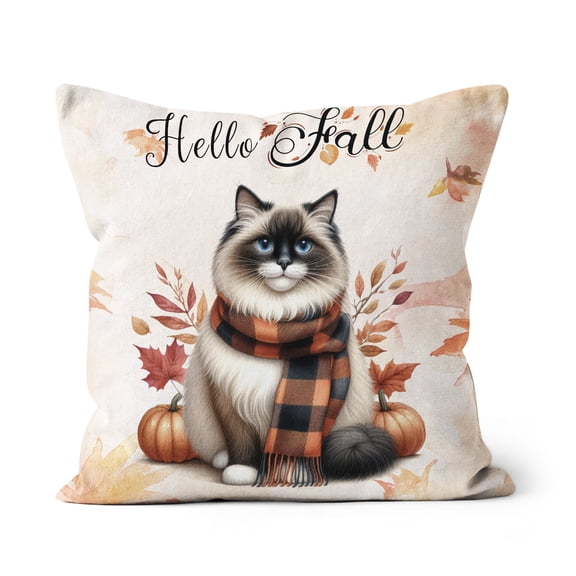 Hello Fall Ragdoll Scarf Welcome Autumn with Leaves Pumpkins Pillow Cushion Double Sided Cat Lover Kitten Owner Gifts Idea Throw Pillow - 00011
