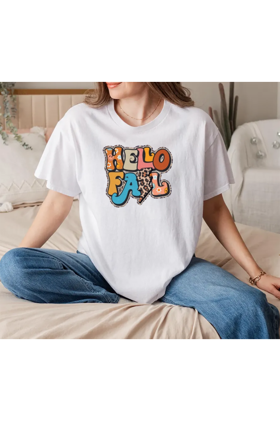 Hello Fall Retro Leopard Print Autumn Graphic Unisex T-Shirt, up to Size 5XL