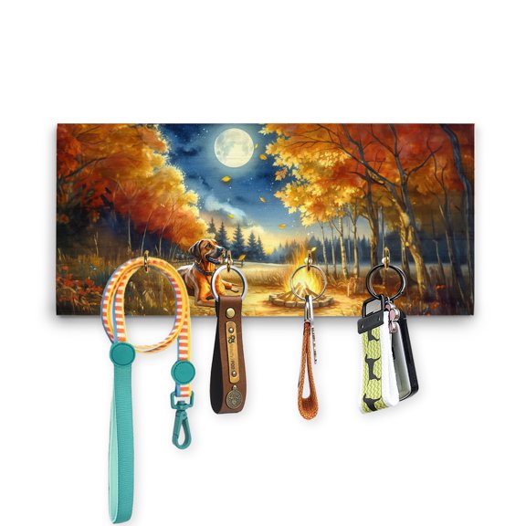 Hello Fall Rhodesian Ridgeback Enjoys Warm Campfire Autumn Night Bright Moon Wood Key Holder Ridgebacks Dog Lover Gifts Wall-mounted Key Rack Home Decor - 01008